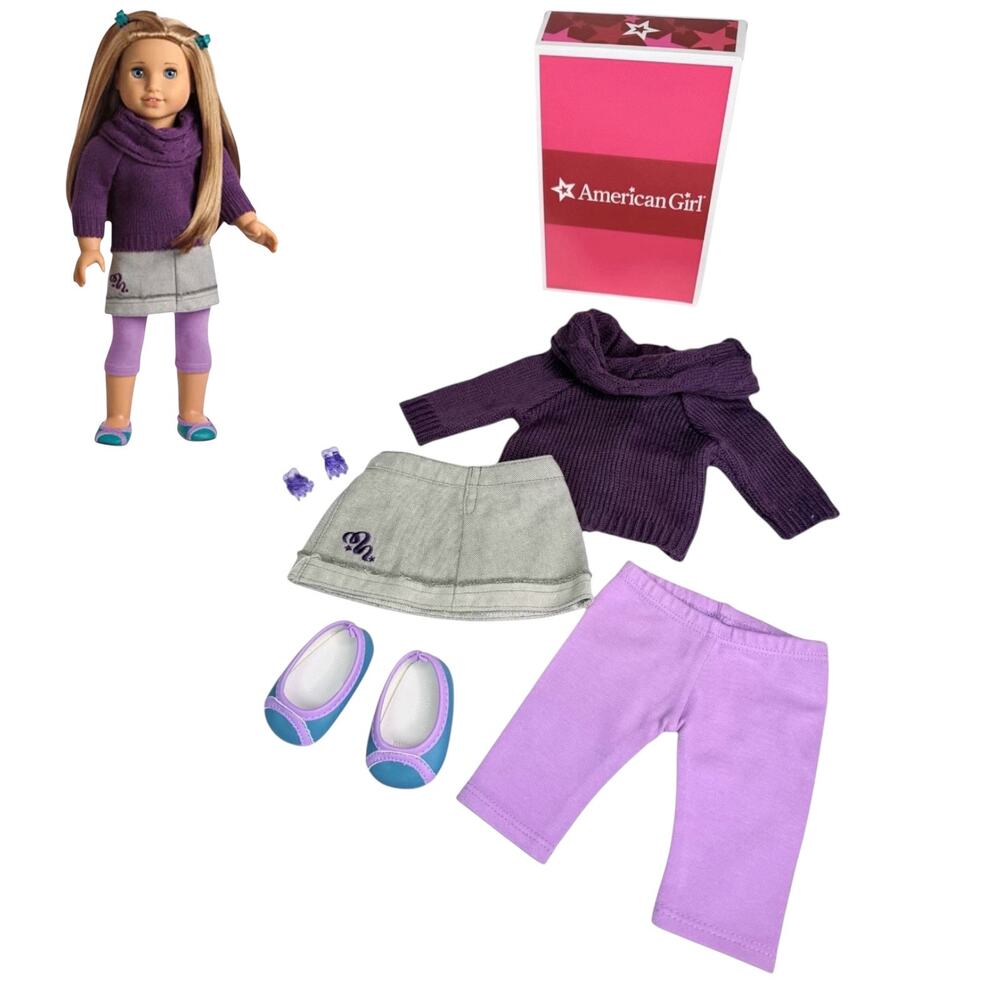 American Girl McKenna School Outfit Sweater Skirt Shoes Leggings Hair Clips Box